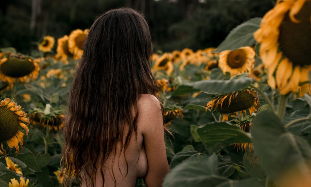 photo of topless woman near sunflowers