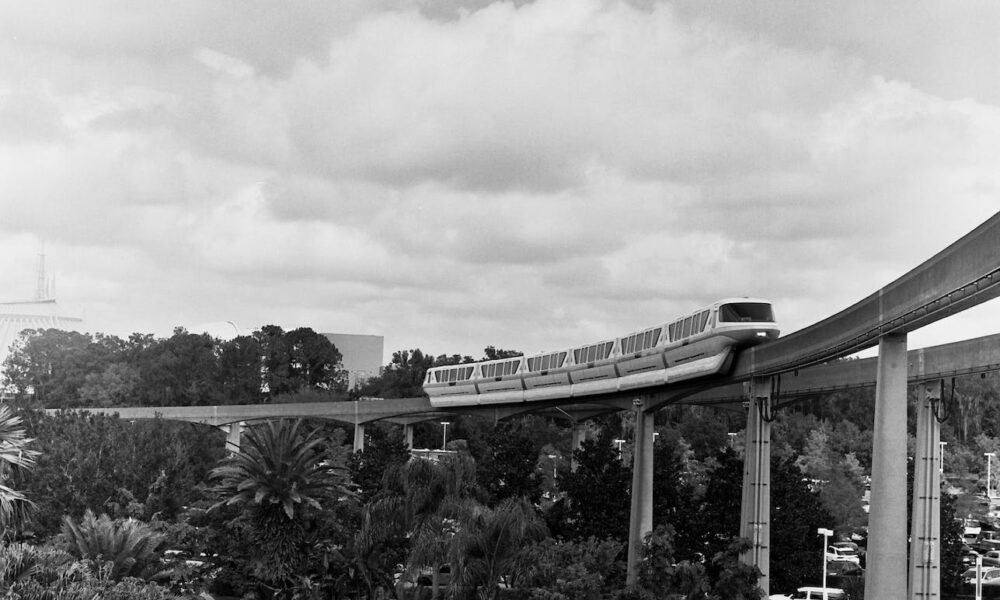 view of a monorail train in city