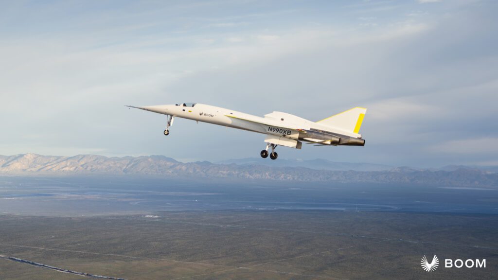 "XB-1 supersonic demonstrator aircraft taking flight, marking a major milestone in aviation history"