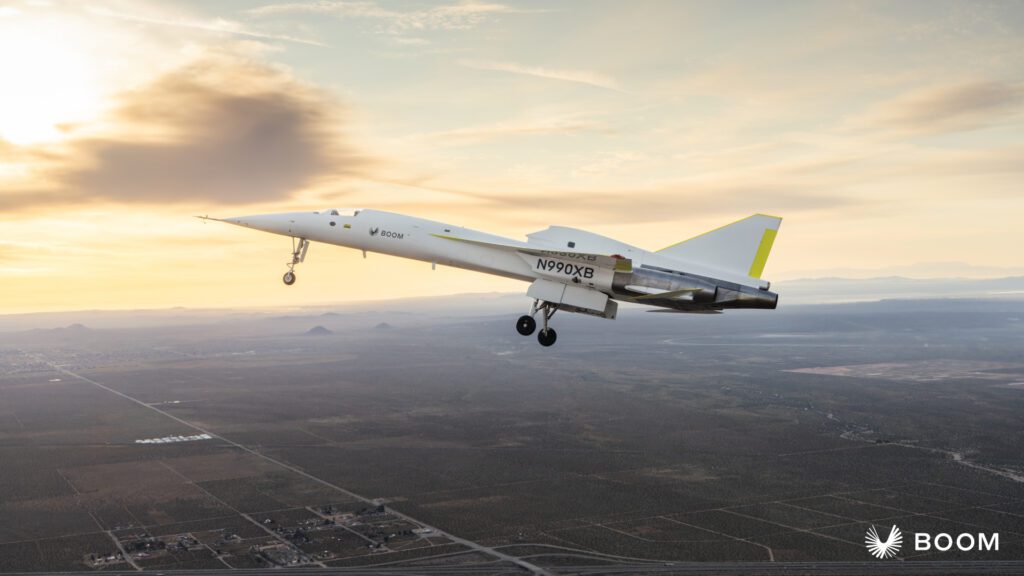 "XB-1 supersonic demonstrator aircraft taking flight, marking a major milestone in aviation history"