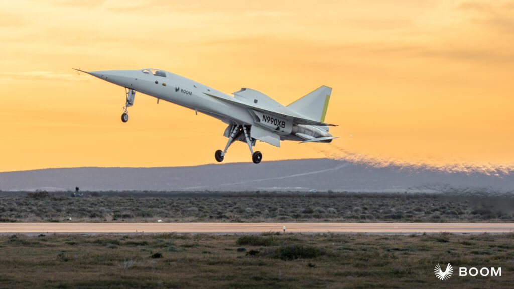 "XB-1 supersonic demonstrator aircraft taking flight, marking a major milestone in aviation history"