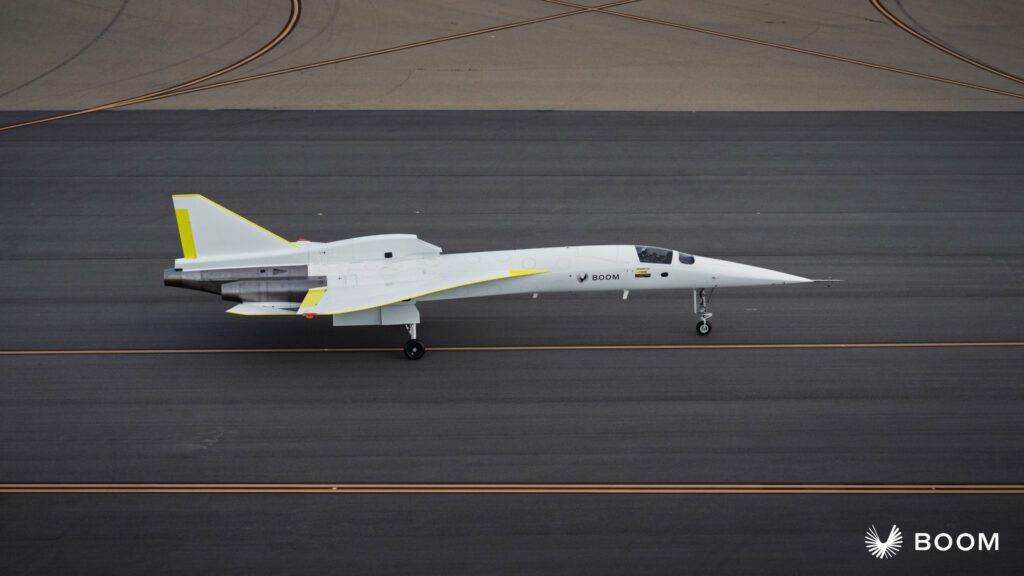 "XB-1 supersonic demonstrator aircraft taking flight, marking a major milestone in aviation history"