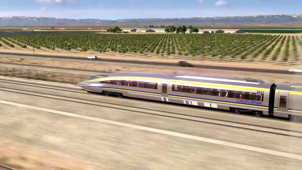 California High-Speed Rail construction site with workers in hardhats.