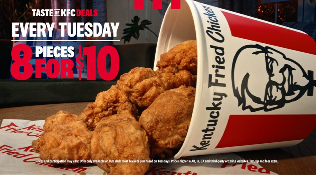 Image: A delicious meal from KFC's "Taste of KFC Deals" value menu featuring two pieces of fried chicken, mashed potatoes and gravy, and a buttery biscuit.