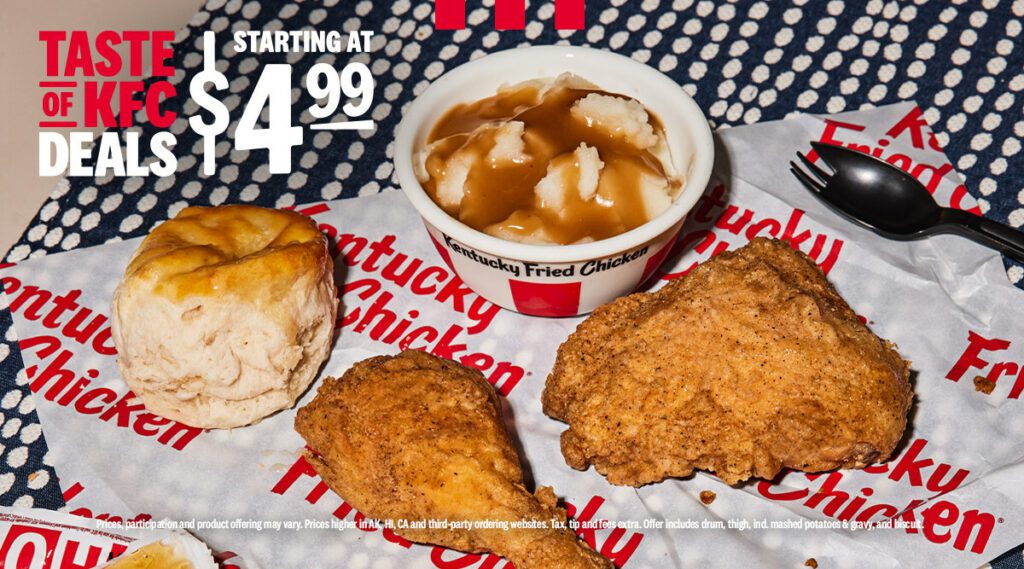 Image: A delicious meal from KFC's "Taste of KFC Deals" value menu featuring two pieces of fried chicken, mashed potatoes and gravy, and a buttery biscuit.