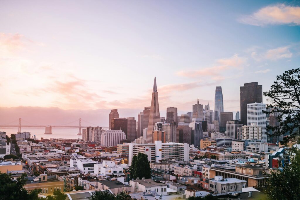 city skyline during golden hour. "San Francisco skyline with blue sky and green parks"