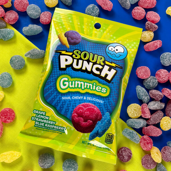 A close-up image of Sour Punch Assorted Gummies with lightning bolt and Pun-Chi face shapes in different vibrant colors, showcasing the delightful new gummy texture.