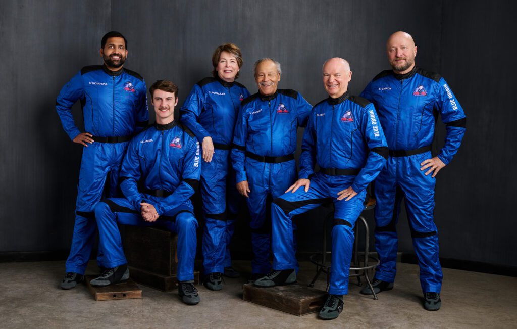 "Blue Origin crew members inside the New Shepard spacecraft during the 25th mission to space."