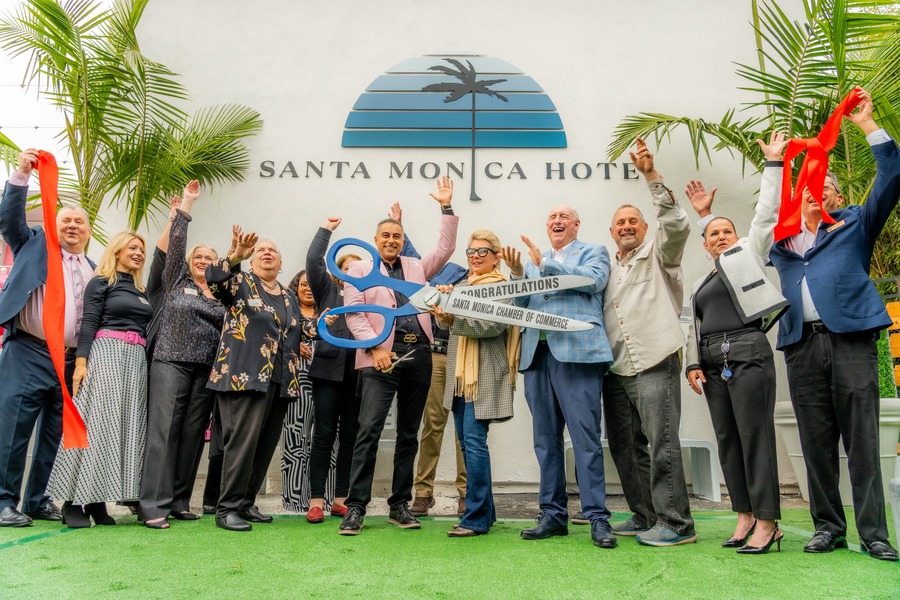 Exterior view of the newly renovated Santa Monica Hotel showcasing vibrant colors and modern design.