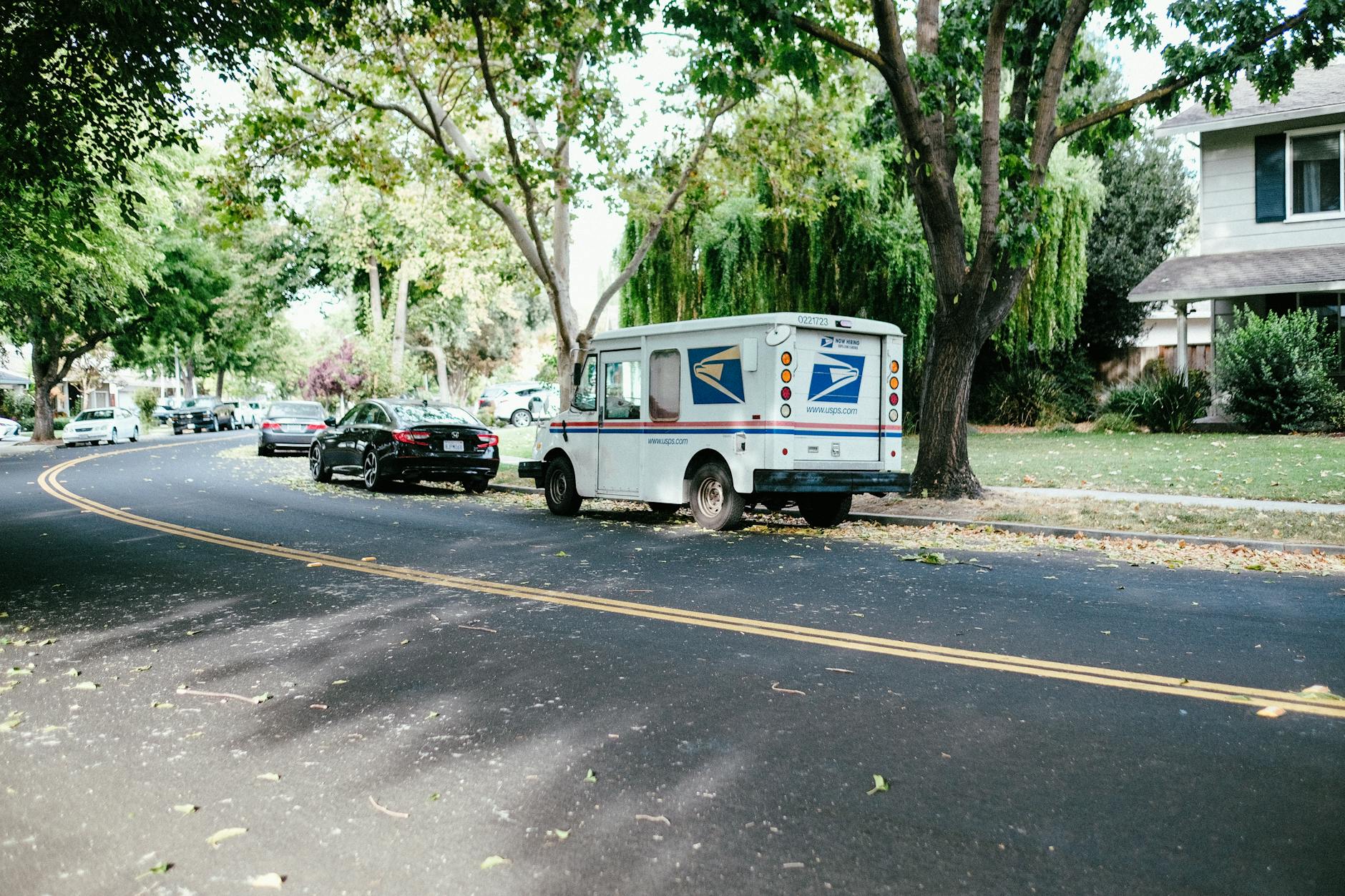 a white van parked on the roadside near tree