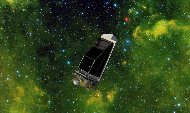 An illustration showing the NEO Surveyor craft, which looks like a small box with a square lens and a satellite dish, floating through space