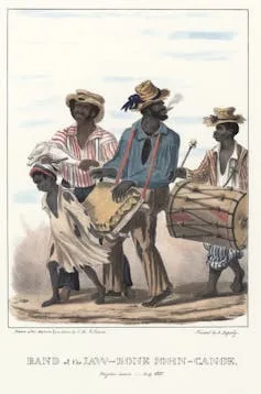 Lithograph showing three men playing instruments with a small child in front.