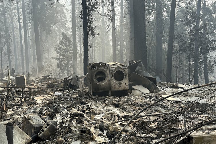 A burned-out washer and dryer are all that remain recognizable in the debris of what was once a home. Burned tree trunks are in the background.