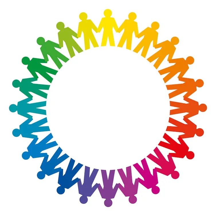 People holding hands forming a big rainbow circle.