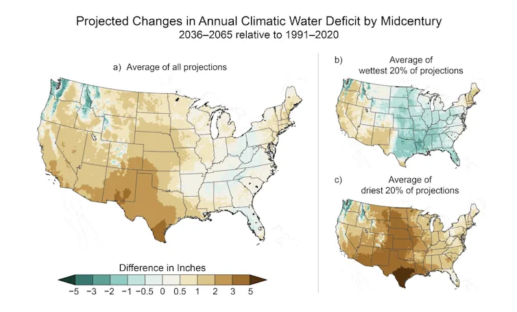 Maps showing projected water deficits due to climate change by the mid-20th century across the U.S.