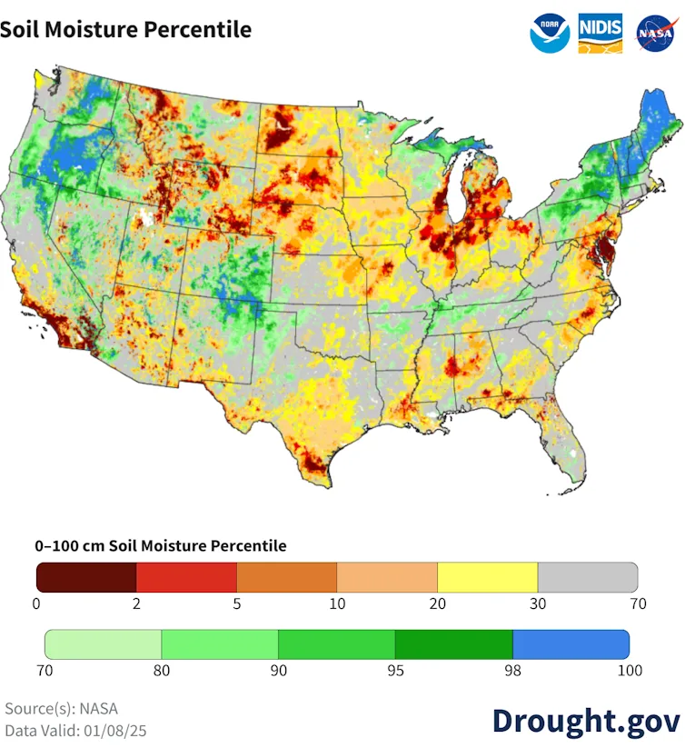 A map shows very low soil moisture in the Southern California area.