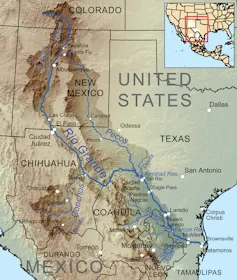 Map of the Rio Grande and its drainage area through Colorado, New Mexico, Texas and Mexico.