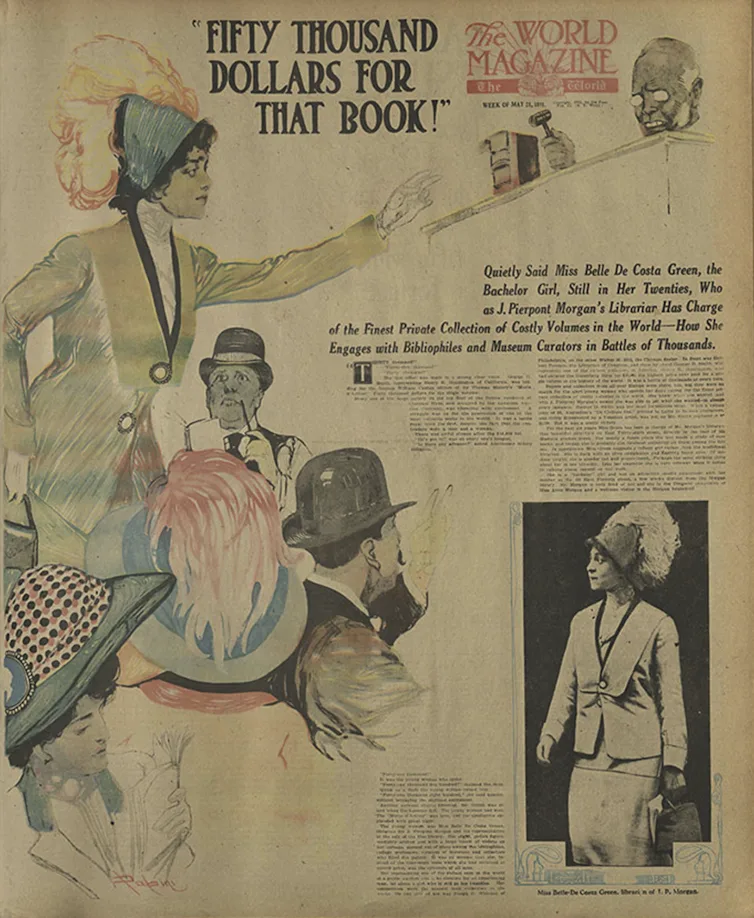 Newspaper clipping featuring drawing and photograph of extravagently dressed young woman.