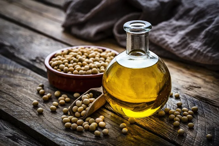 A small bottle of soybean oil beside a bowl of soybeans, on a wooden table