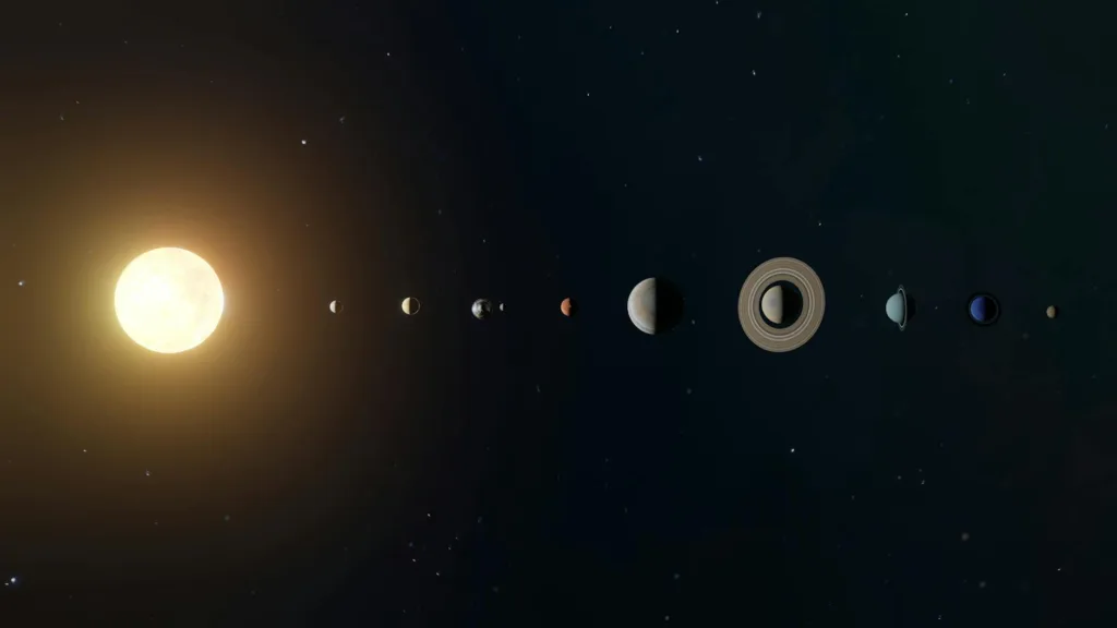 sun and planets in a plantary parade.