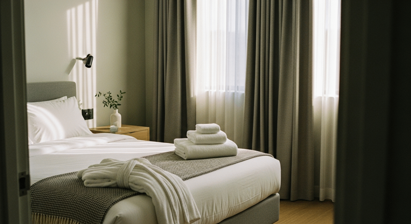 A calm, neatly prepared guest bedroom with soft lighting, folded towels, and a robe, representing a respectful and private space for a visiting naturist.