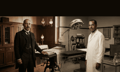 Create a cinematic historical editorial composite featuring two Black pioneers of cardiac surgery D