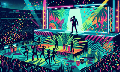 A vibrant celebratory concert scene inspired by Latin pop culture bold neon lighting dancers in m