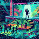A vibrant celebratory concert scene inspired by Latin pop culture bold neon lighting dancers in m