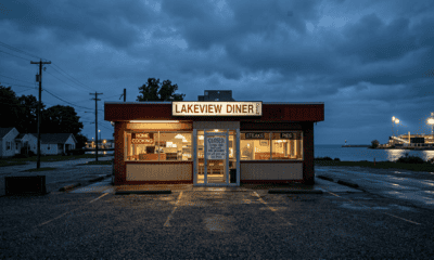 Create a cinematic editorial illustration of a small family owned American diner in Eastlake Ohio