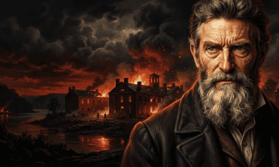 Create a dramatic YouTube thumbnail featuring a close up portrait of abolitionist John Brown on the 1