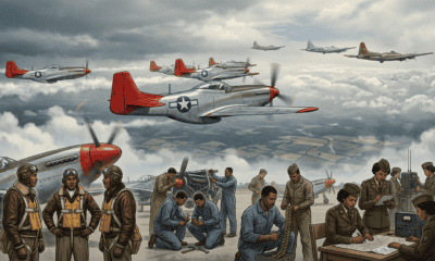 Create a historically inspired cinematic 16 9 editorial illustration honoring the Tuskegee Airmen du