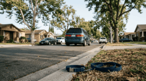 Illustration of a minivan on a residential Santa Ana street representing an animal-cruelty investigation involving a puppy.